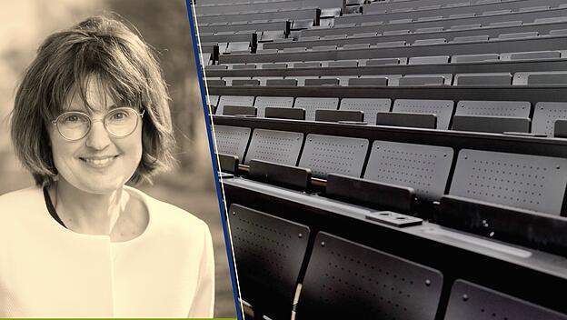 Redakteurin Regina Einig, leere Plätze im Hörsaal.