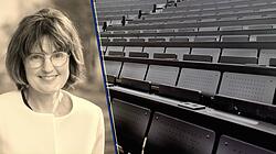 Redakteurin Regina Einig, leere Plätze im Hörsaal.