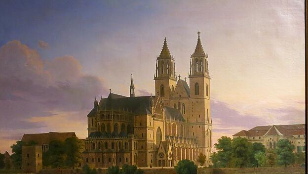 Der Magdeburger Dom auf einem romantischen Gemälde von Carl Hasenpflug aus dem 19. Jahrhundert.
