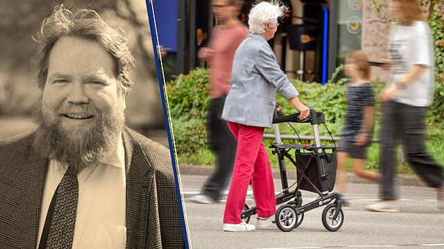 Streit um Rente: Alte Frau mit Rollator und junge Menschen auf der Straße