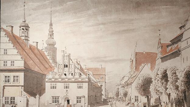 Caspar David Friedrich, Greifswalder Marktplatz mit der Familie Friedrich im Jahr 1818; Feder mit Aquarell.