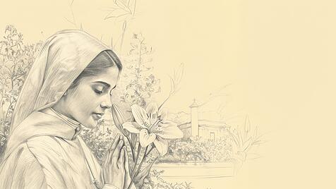 Devoted Saint Maria Goretti praying with a lily, symbolizing purity, serene garden, beige background, Biblical Illustration, copyspace