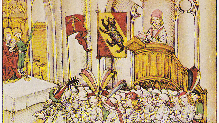 Gebet und Predigt der Berner und ihrer Verbündeten vor dem Auszug in die Schlacht bei Laupen 1339: Das „Große Gebet der Eidgenossen“ hat sich im Mittelalter aus unterschiedlichen historisch-religiösen Einflüssen geformt.