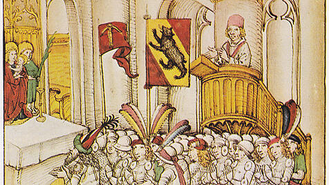 Gebet und Predigt der Berner und ihrer Verbündeten vor dem Auszug in die Schlacht bei Laupen 1339: Das „Große Gebet der Eidgenossen“ hat sich im Mittelalter aus unterschiedlichen historisch-religiösen Einflüssen geformt.