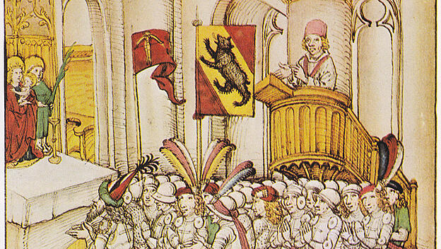 Gebet und Predigt der Berner und ihrer Verbündeten vor dem Auszug in die Schlacht bei Laupen 1339: Das „Große Gebet der Eidgenossen“ hat sich im Mittelalter aus unterschiedlichen historisch-religiösen Einflüssen geformt.