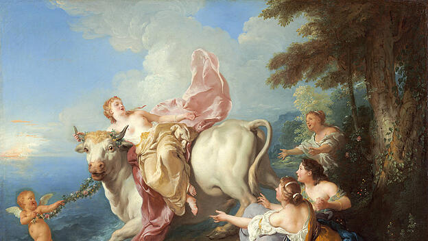Keine Zeit ohne Mythos, das wusste Hans Blumenberg, wie er 1979 in „Arbeit am Mythos“ darlegte. Hier zu sehen, ist der Mythos, der unserem Kontinent den Namen gab: Die Entführung der Europa, Gemälde von Jean Francois de Troy Frankreich (1679-1752).