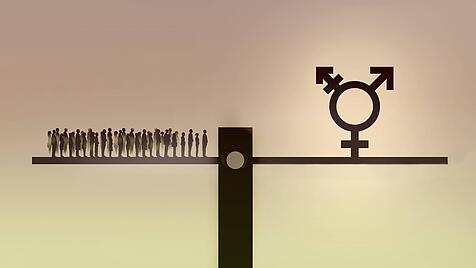Menschenmenge und Transgender-Symbol auf dem gegenüberliegenden Ende einer Wippe