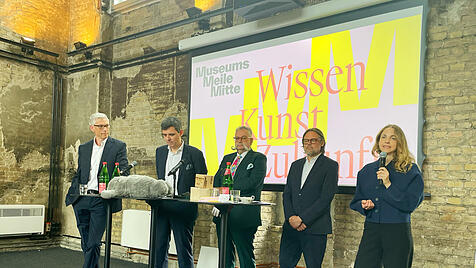 Präsentation des Projekts „MuseumsMeileMitte“, von links: Martin Löcker, Geschäftsführer CA Immo Deutschland; Stefan Brandt, Direktor Futurium; Johannes Vogel, Direktor Museum für Naturkunde; Till Fellrath, Direktor Hamburger Bahnhof – Nationalgalerie der Gegenwart, und Monika Ankele, Leitung Berliner Medizinhistorisches Museum der Charité.